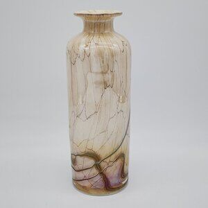 Vintage Marble Effect Cased Glass Vase Luster Applied Threads Cylinder Brown Gra